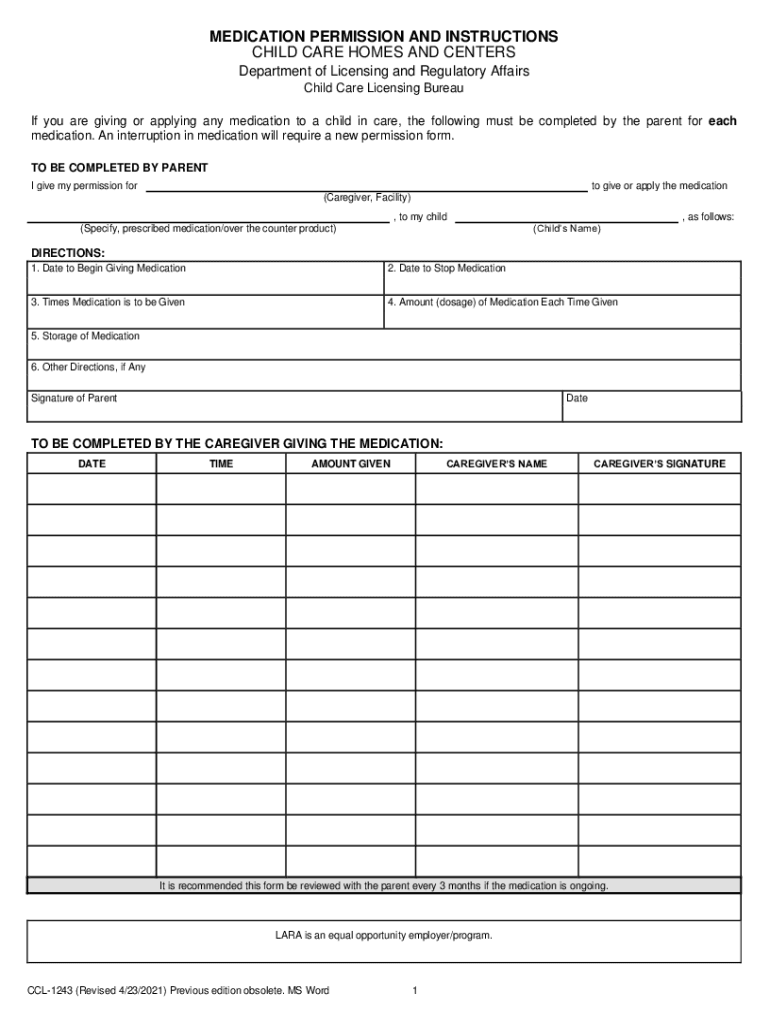 MEDICATION PERMISSION AND INSTRUCTIONS CHILD CARE HOMES Child Care Licensing - Arkansas Department o Preview on Page 1