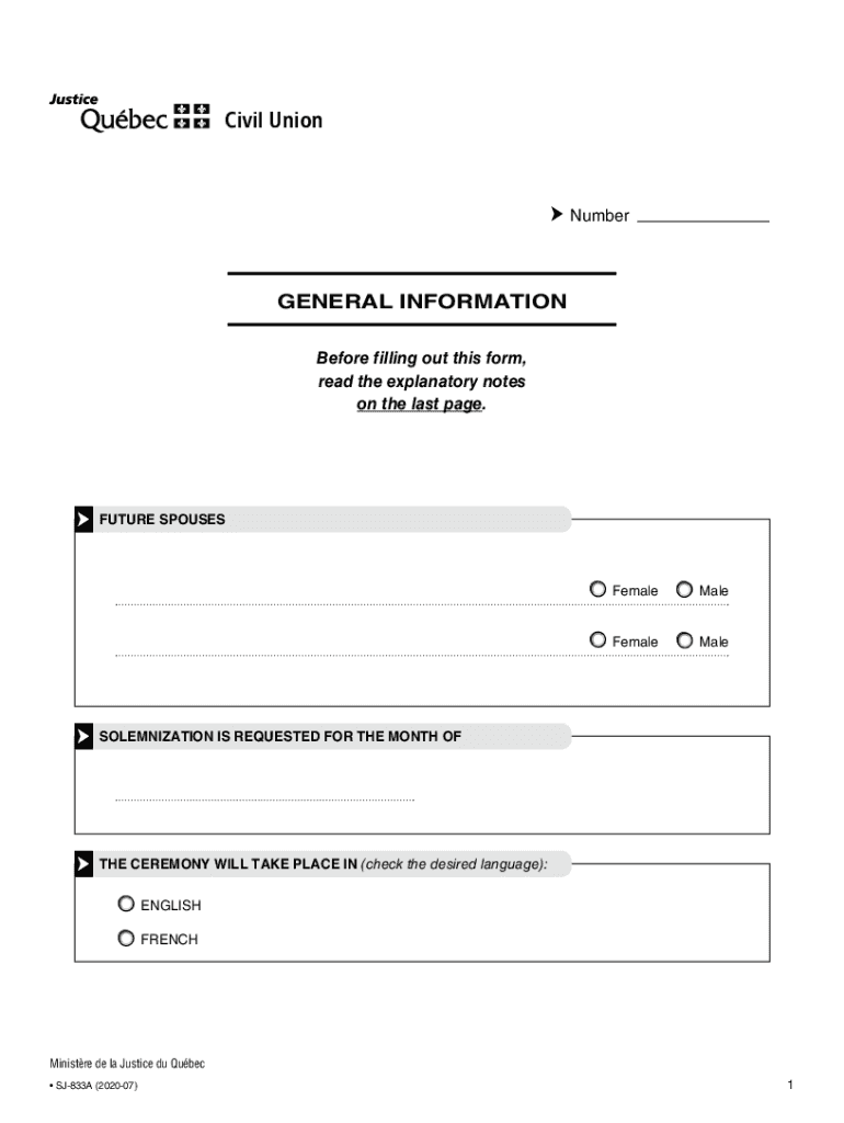 Form SJ-833A Download Fillable PDF or Fill Online Civil Union Preview on Page 1