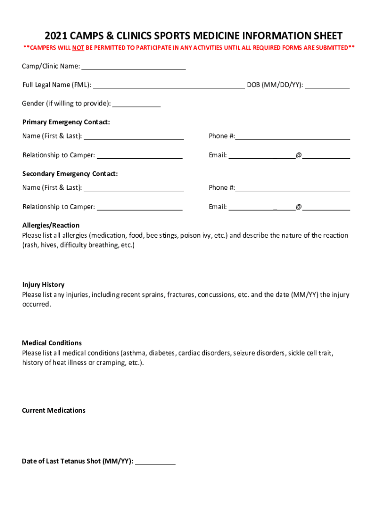 2021 CAMPS & CLINICS SPORTS MEDICINE INFORMATION SHEET Preview on Page 1