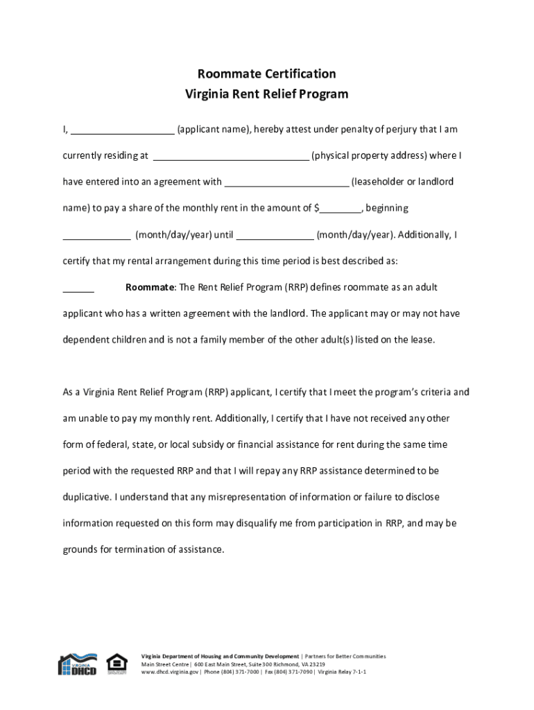 Fillable Online Roommate Certification Virginia Rent Relief Program Fax