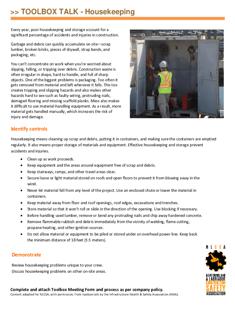 Fillable Online Toolbox Talk Housekeeping By www.safetynotes
