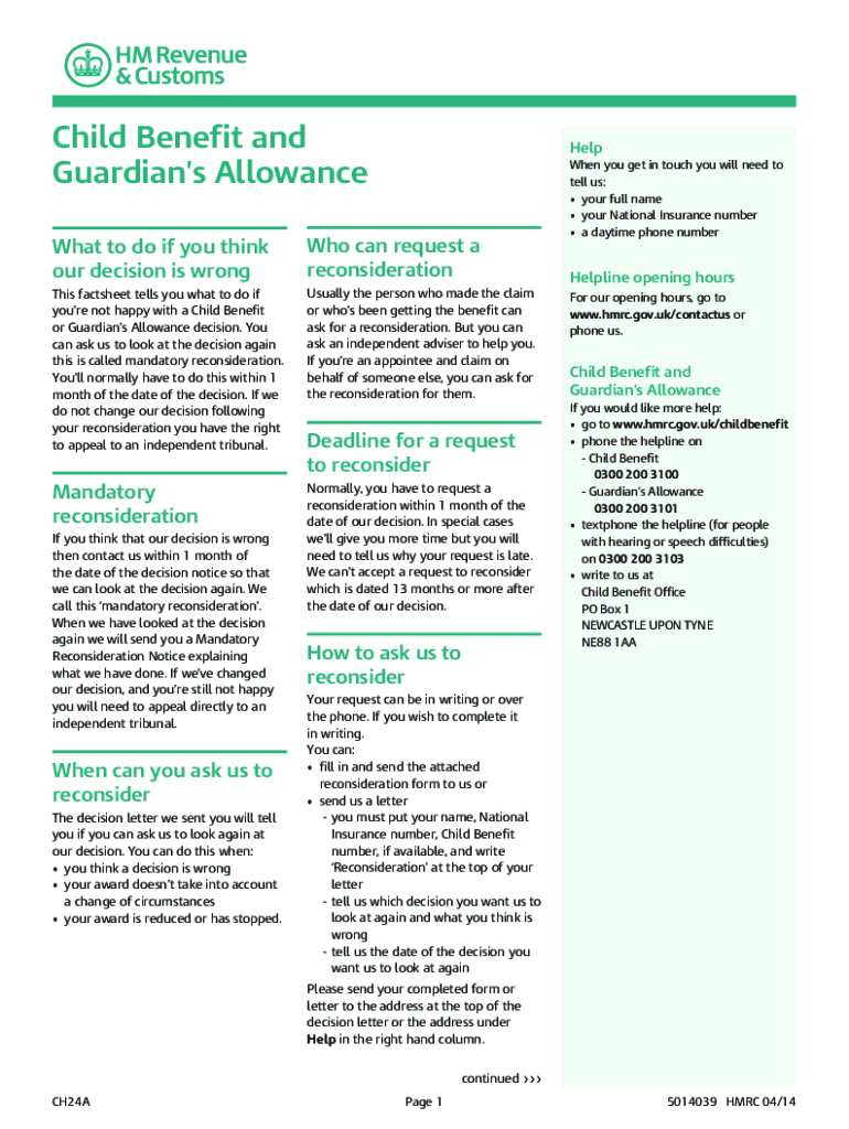 Fillable Online CH24A Child Benefit and Guardian's Allowance. What to