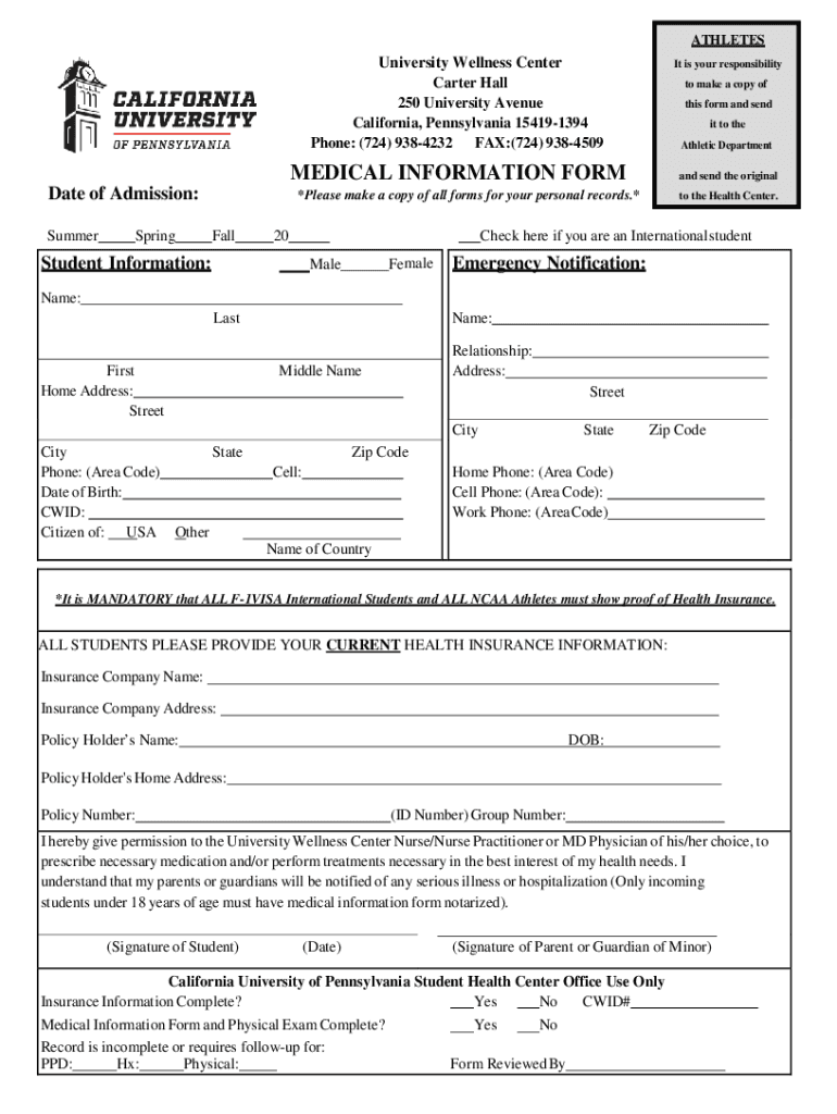 calu medical form Preview on Page 1