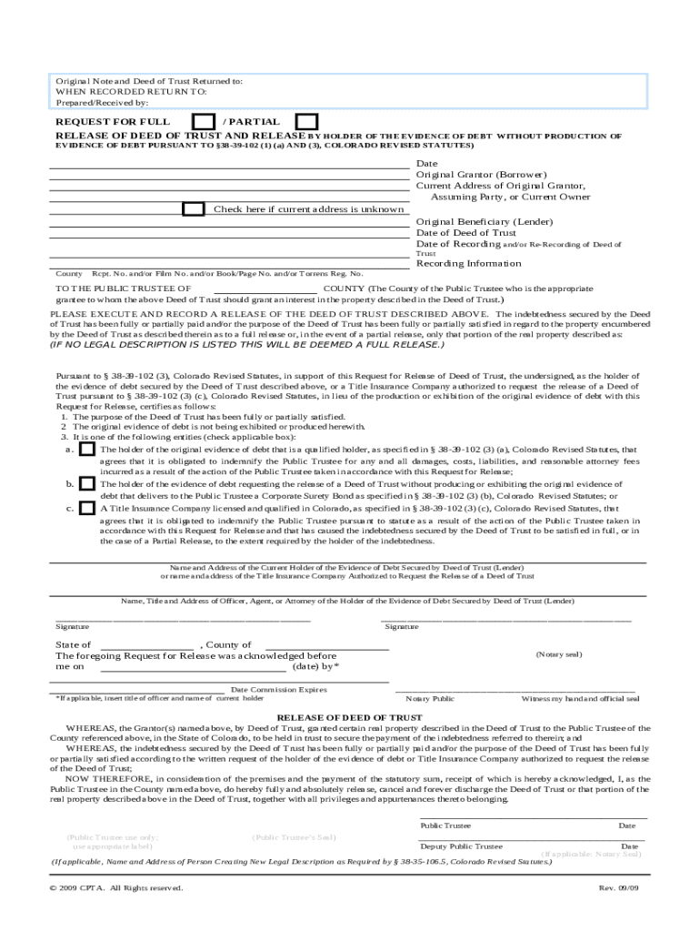 Release of Deed of Trust Without Evidence of Debt. Original Note and ...