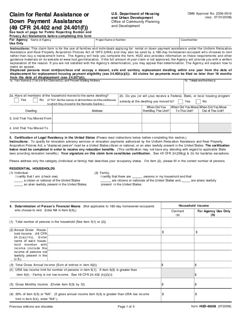 Fillable Online Fillable Online Claim for Rental Assistance or Down
