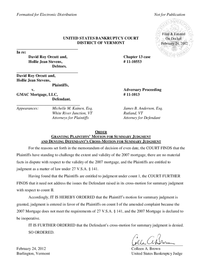 Fillable Online ORDER GRANTING PLAINTIFFS' MOTION FOR SUMMARY JUDGMENT