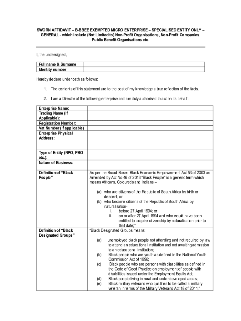 2019 2026 Form ZA Sworn Affidavit B BBEE Exempted Micro Enterprise 
