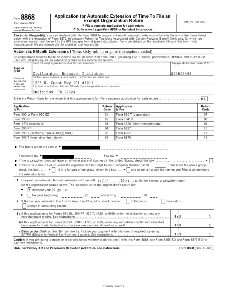 Fillable Online About Form 8868, Application for Extension of Time To ...