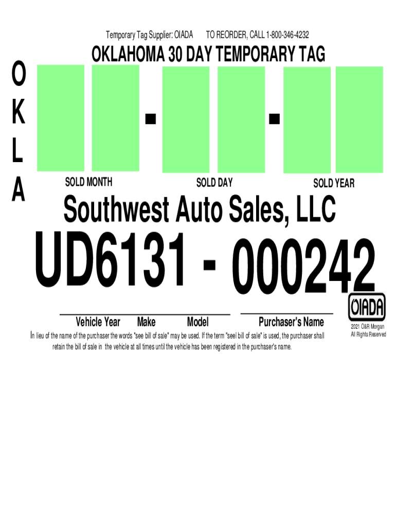 Fill, Edit and Print Oklahoma 30 Day Temp Tag Form Online SellMyForms