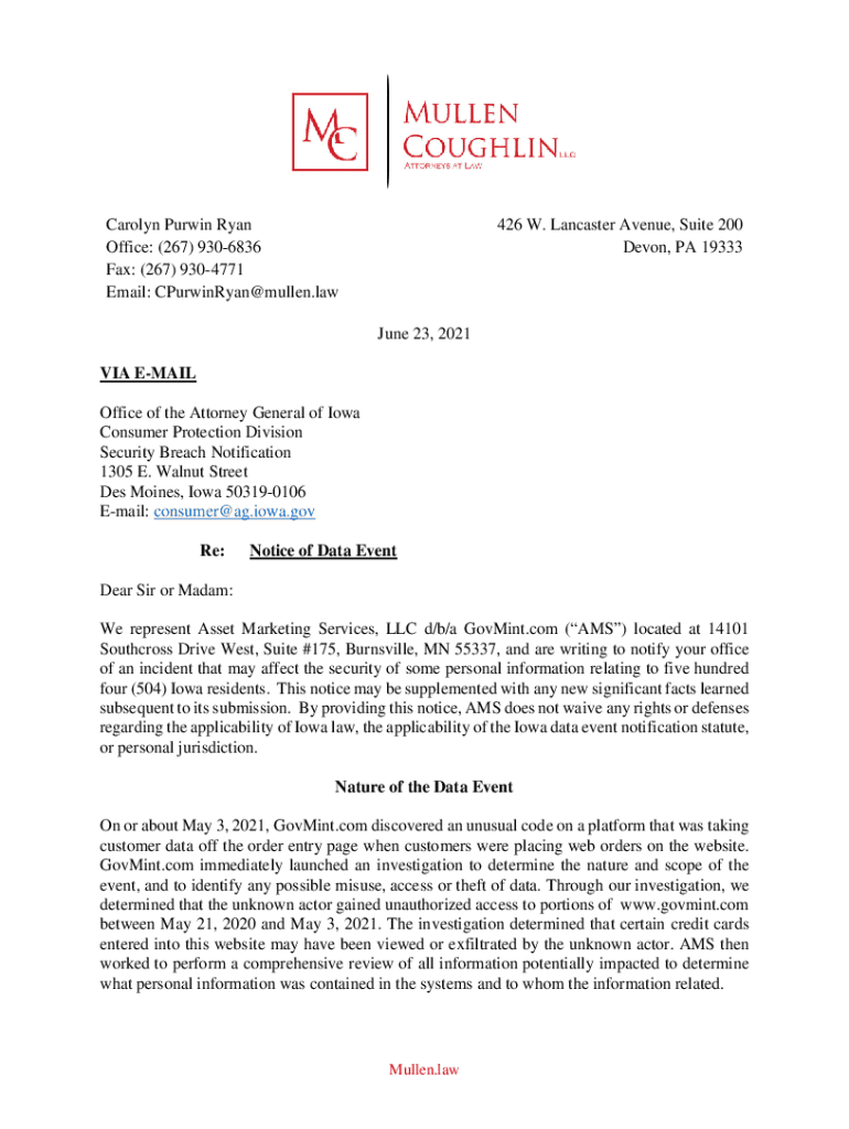 Fillable Online AMS Holdings, LLC IA Email Notice of Data Event.docx Fax Email Print pdfFiller