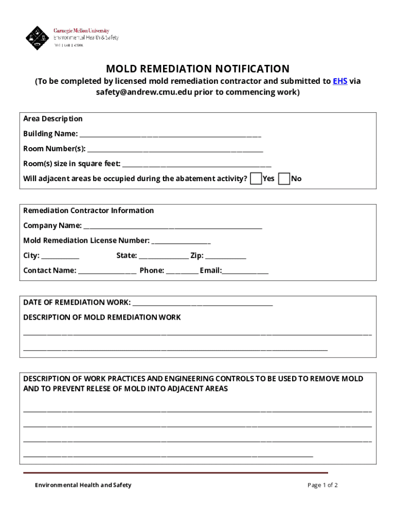 MOLD REMEDIATION NOTIFICATION FORM - cmu Preview on Page 1