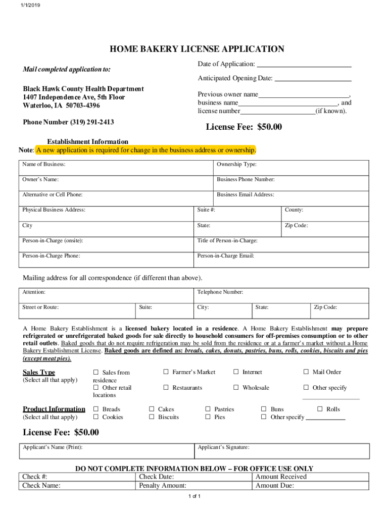 Fillable Online HOME BAKERY LICENSE APPLICATION License Fee 50.00
