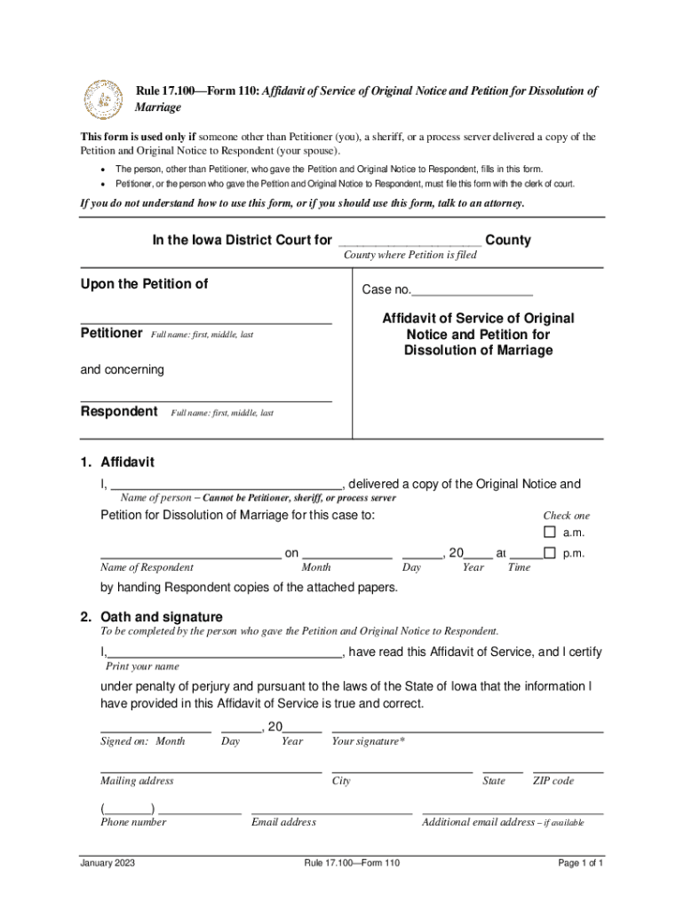 17 110 Affidavit of Service of Original Notice and Petition for Dissolution of Marriage Preview on Page 1