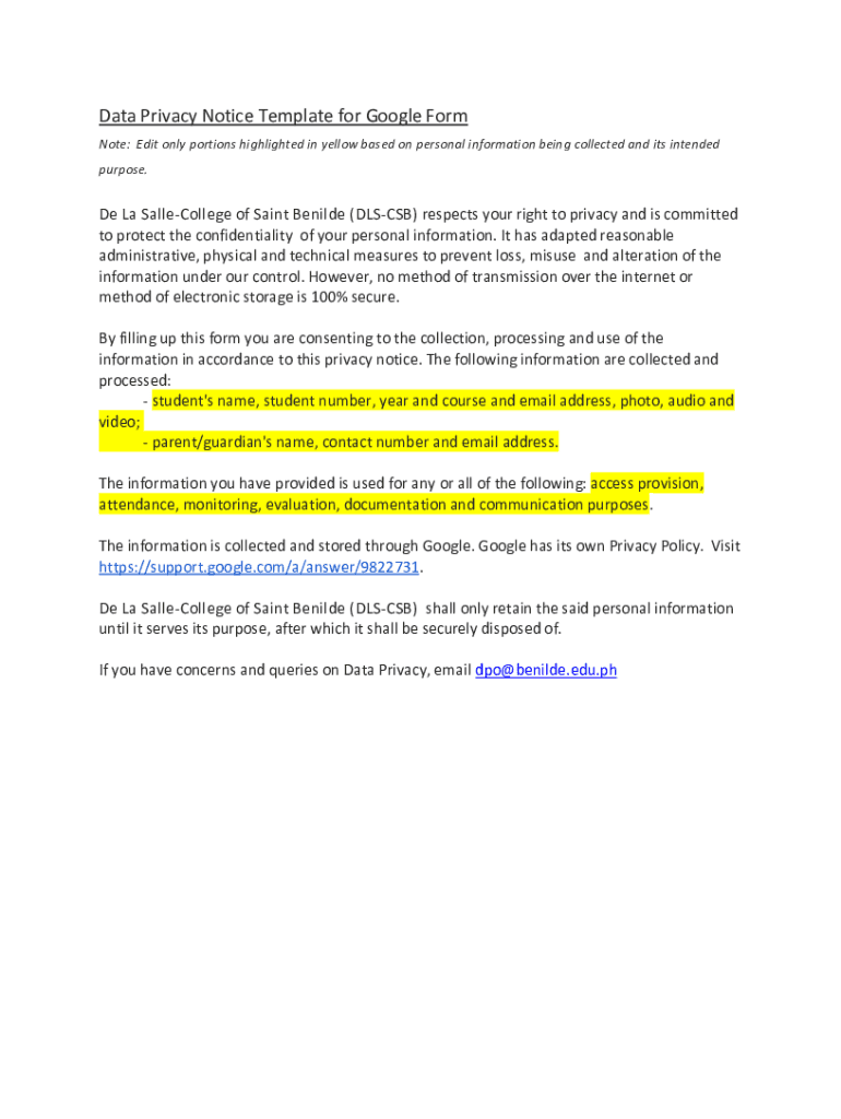 Fillable Online Data Privacy Notice template for Google Form 011421 ...
