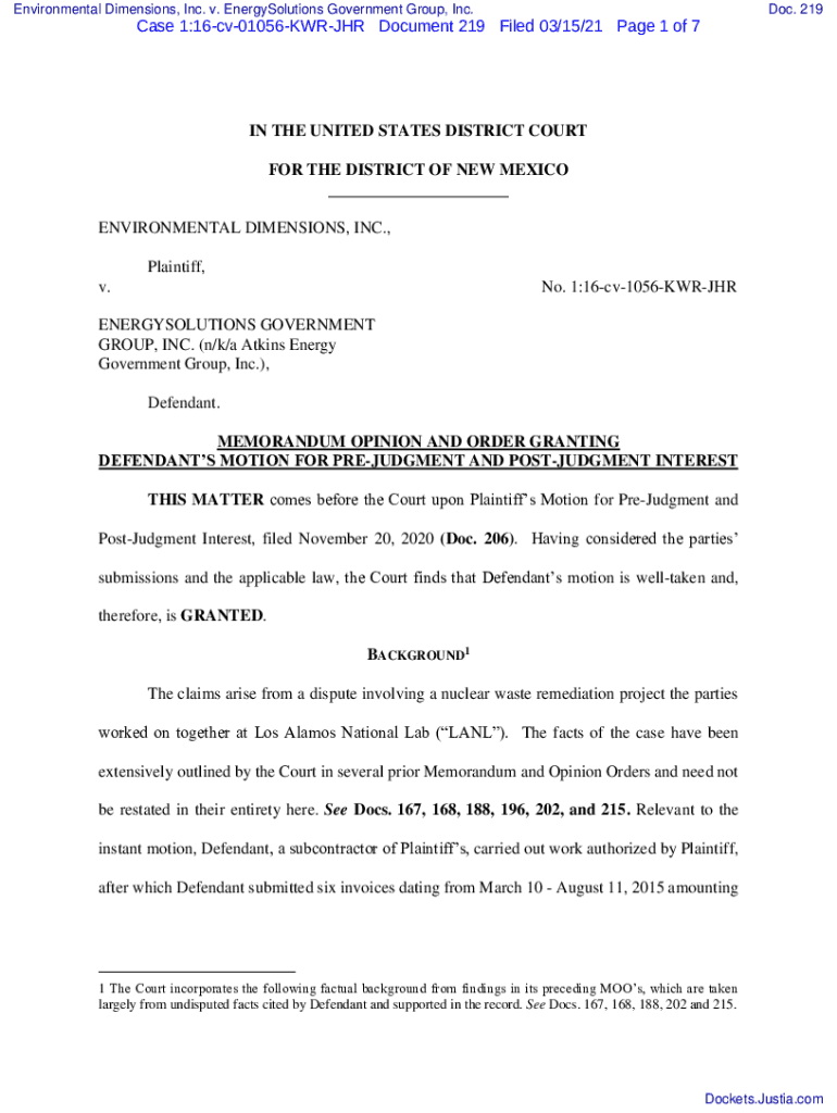 Fillable Online MEMORANDUM OPINION AND ORDER GRANTING DEFENDANT'S MOTION FOR PREJUDGMENT AND