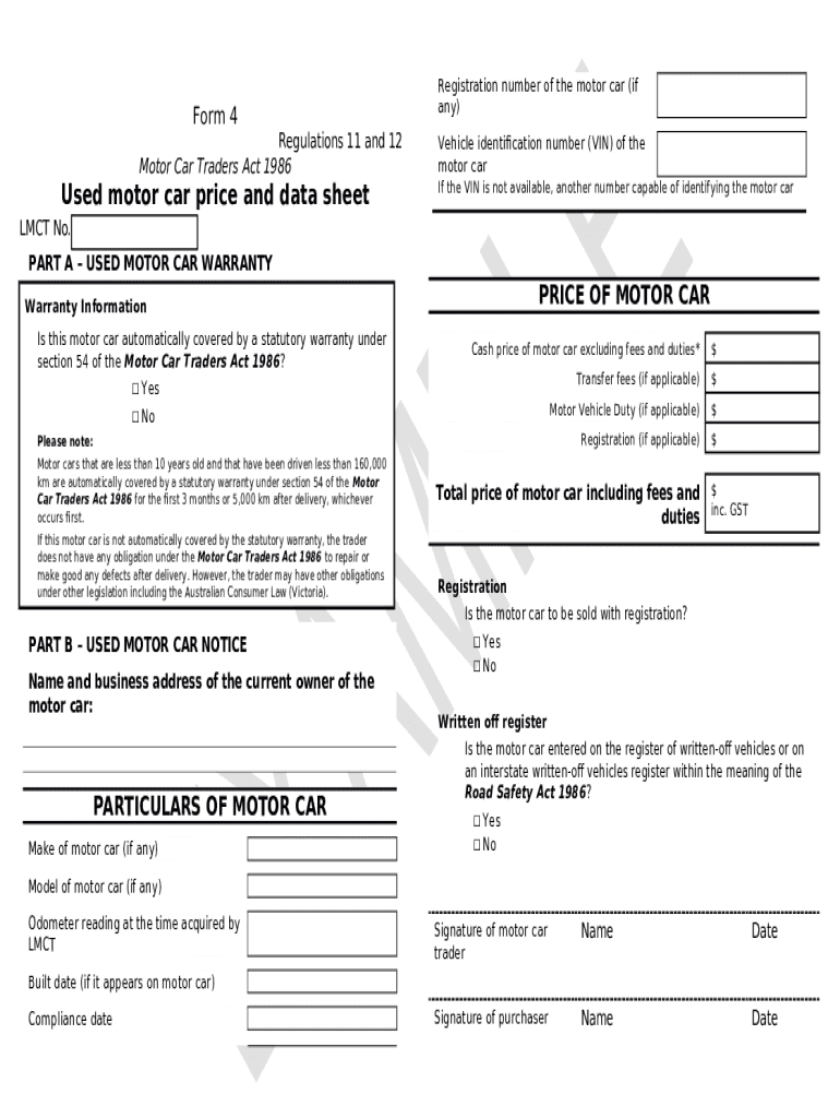 4 Used motor car price and data sheet Doc Template pdfFiller