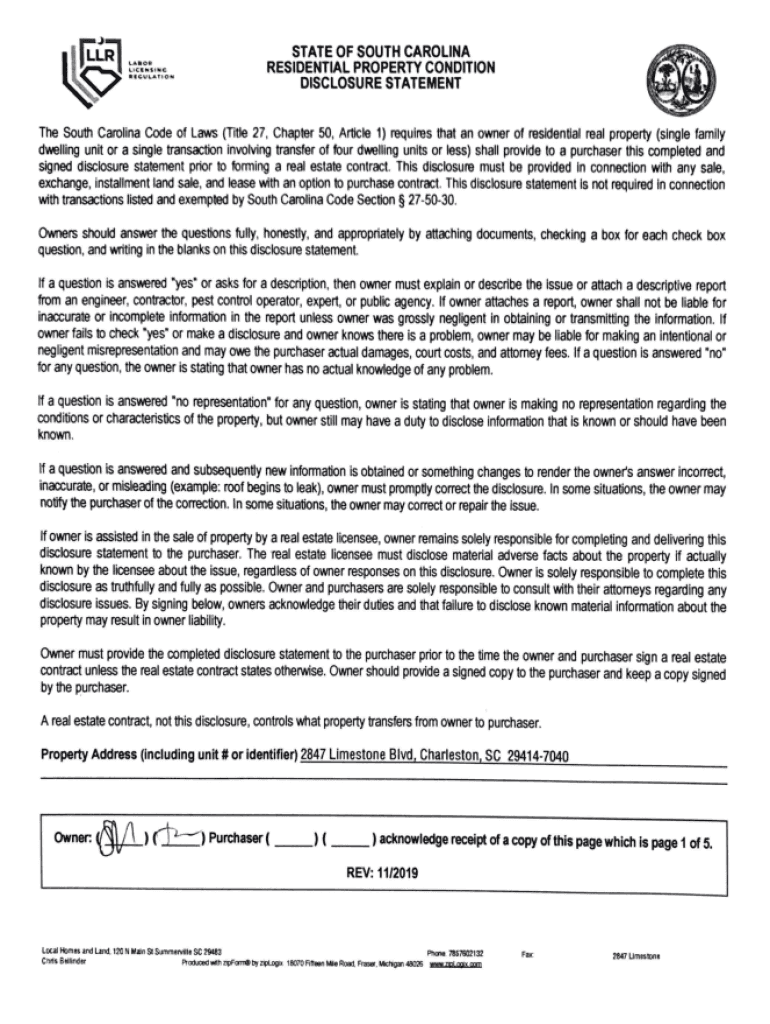 Fillable Online Property Condition Disclosure Statement South