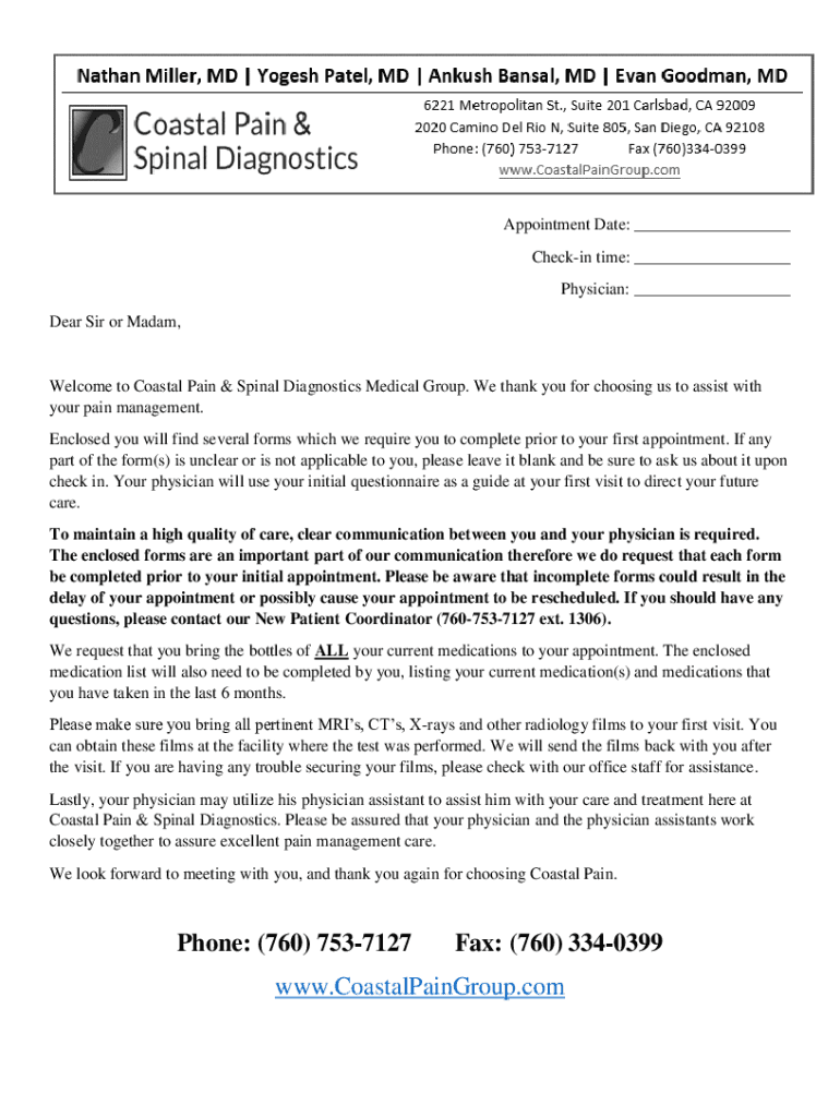 Fillable Online to Coastal Pain & Spinal Diagnostics Medical