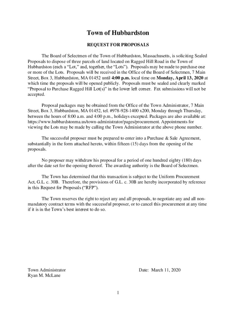 Fillable Online The Board of Selectmen of the Town of Hubbardston