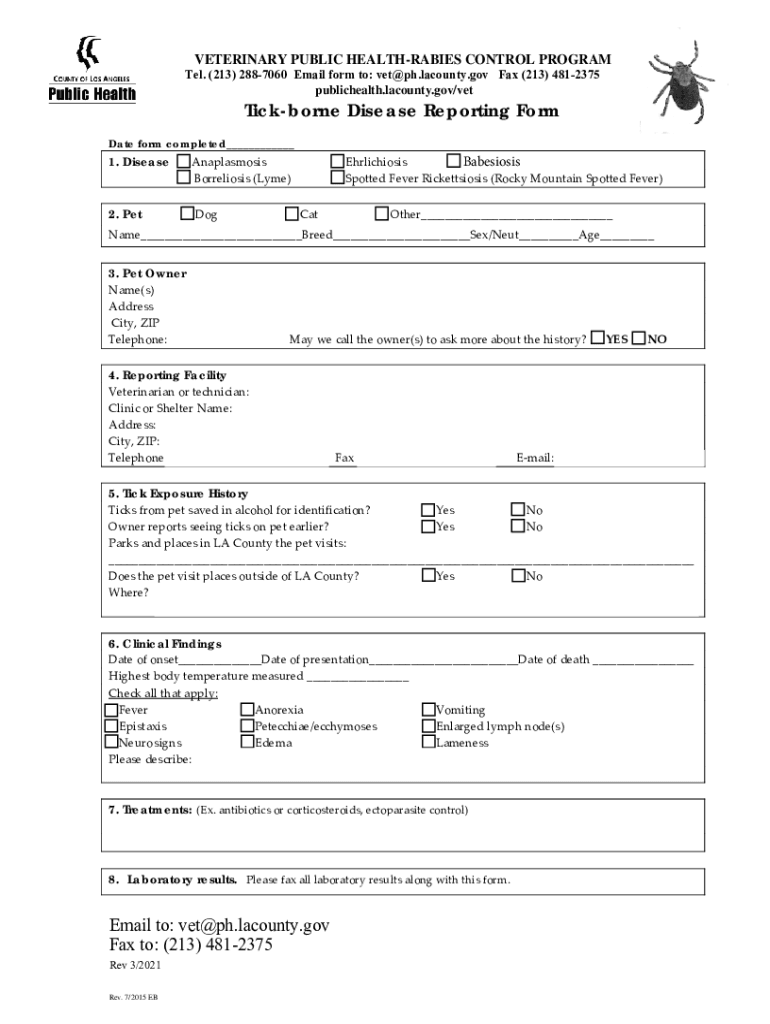 Tick-borne Disease Reporting Form for Animals in Los Angeles County Preview on Page 1