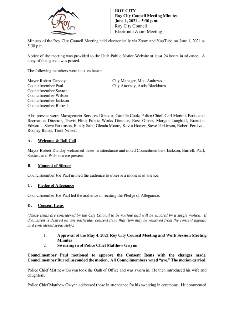 Fillable Online Roy City Council Fax Email Print pdfFiller