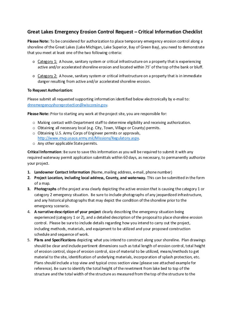 Fillable Online dnr wi Great Lakes Emergency Erosion Control Request