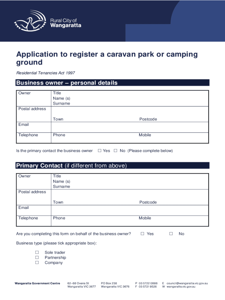 Fillable Online Application to register a caravan park or camping Fax
