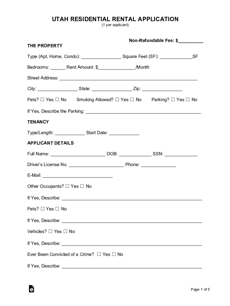 Utah Residential Rental Application Preview on Page 1
