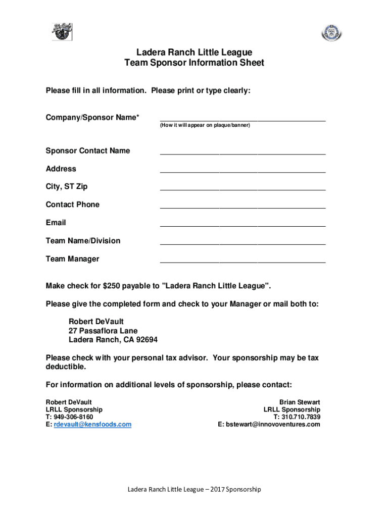 Fillable Online Ladera Ranch Little League Fax Email Print pdfFiller