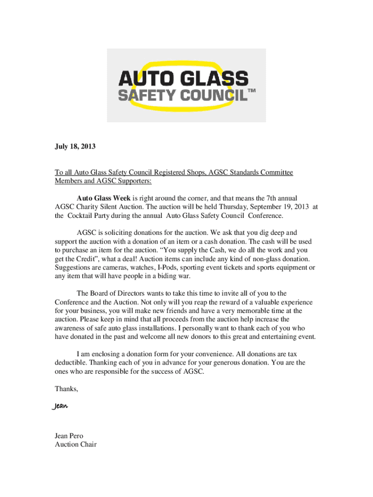 Fillable Online To all Auto Glass Safety Council Registered Shops, AGSC