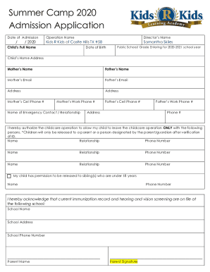 Summer Camp 2020 Admission Application