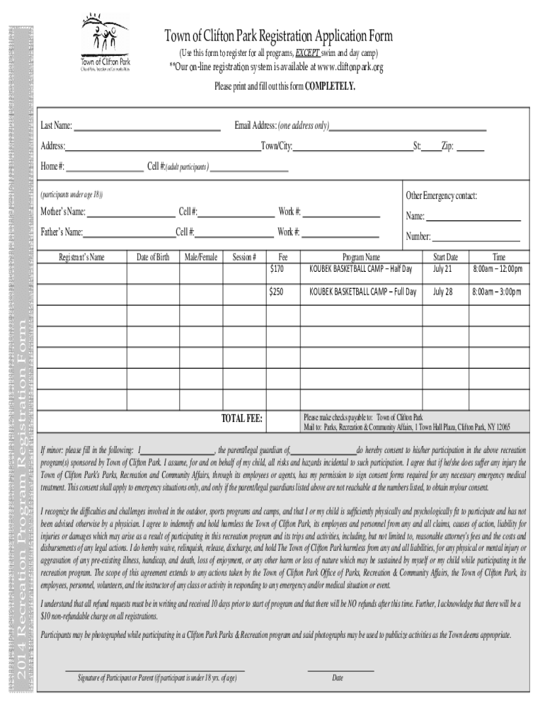 Fillable Online 2014 Recreation Registration Form Fax Email Print ...