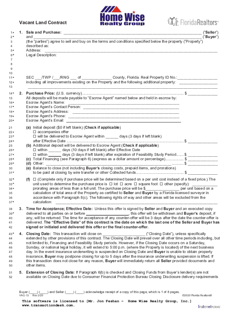 Fillable Online Free Land Contract Template - PDFWordeFormsSTANDARD ...