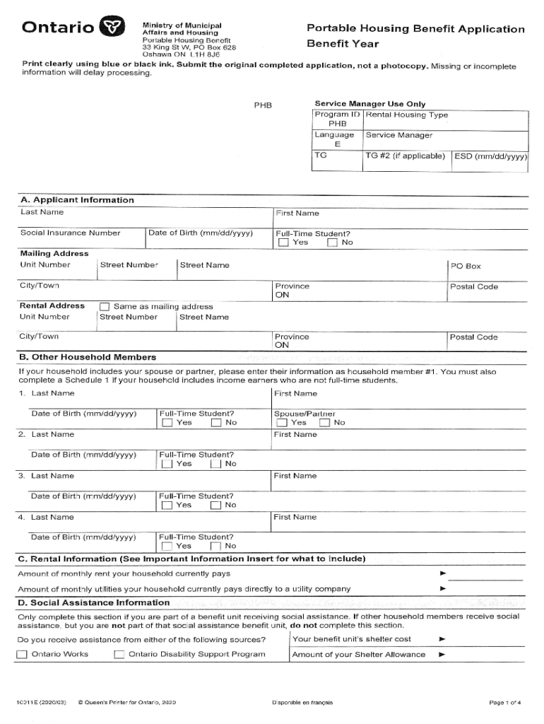 Fillable Online Canada Ontario Housing Benefit Application and