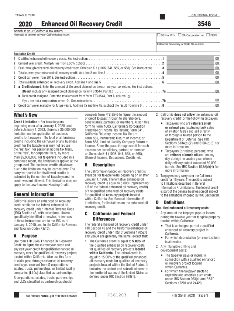 Fillable Online 2020 Form 3546 Enhanced Oil Recovery Credit. 2020 Form