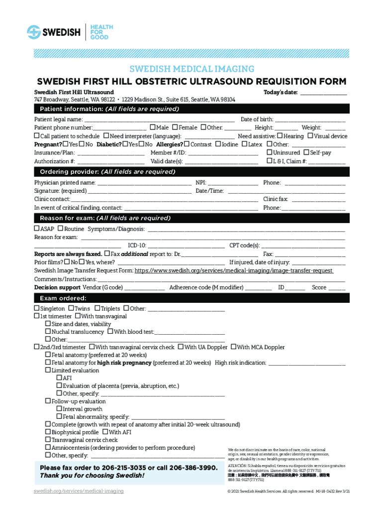 Fillable Online SWEDISH FIRST HILL OBSTETRIC ULTRASOUND REQUISITION ...