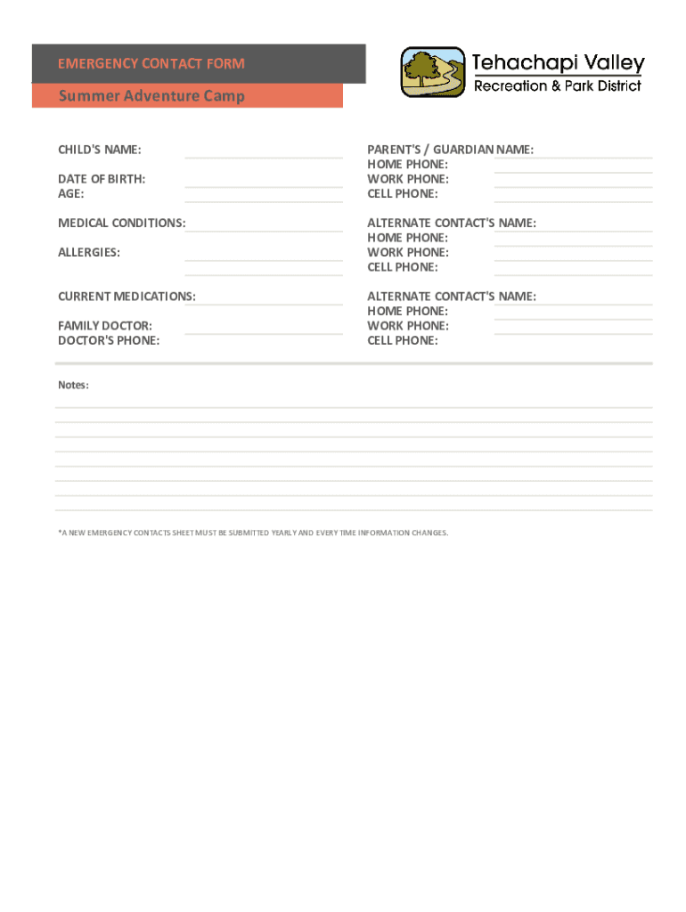 Fillable Online Summer Adventure Camp Emergency Contact Form Fax Email