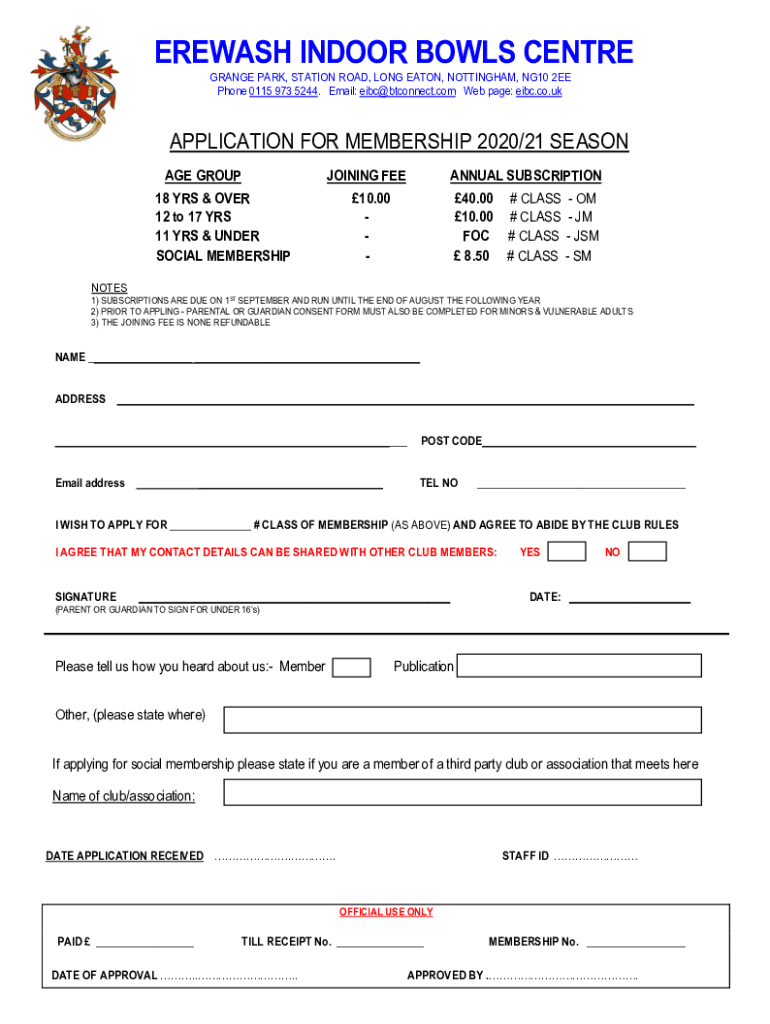 Fillable Online EREWASH INDOOR BOWLING CLUB LTD. GRANGE PARK, STATION