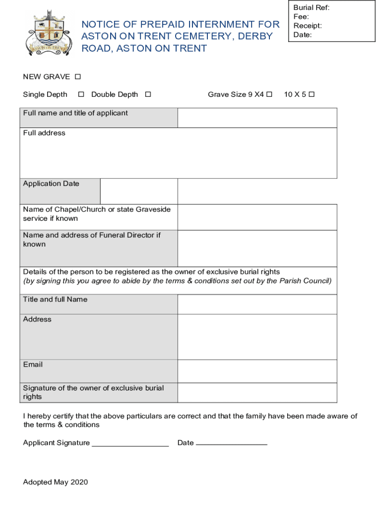 Fillable Online ASTON ON TRENT CEMETERY, DERBY ROAD, ASTON ON TRENT Fax