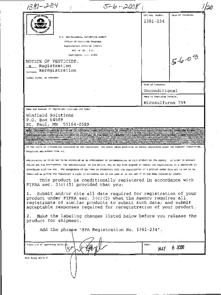 Fillable Online EPA Reg'. Number: Date of Issuance: U.S. ENVIRONMENTAL ...