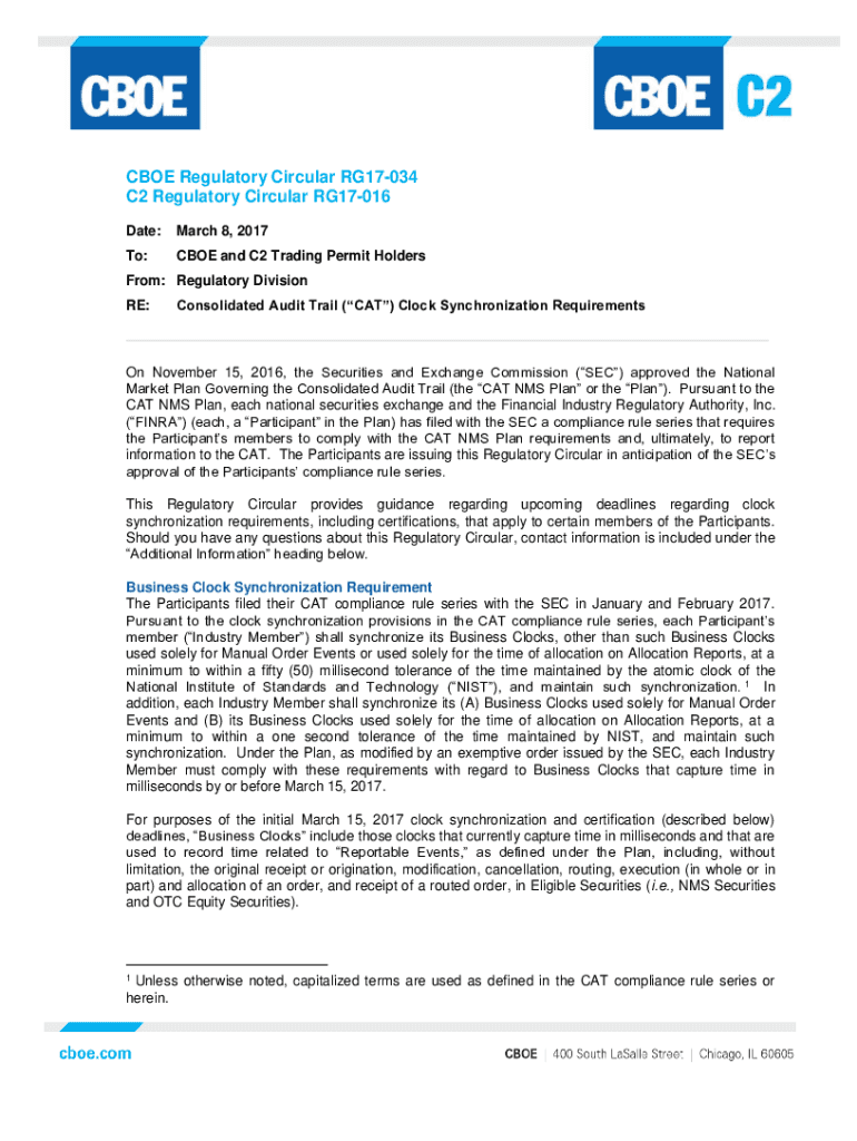 Fillable Online RG17034 Consolidated Audit Trail (CAT) Clock