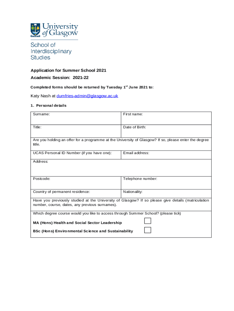 Application for Summer School 2021 Gla Doc Template pdfFiller