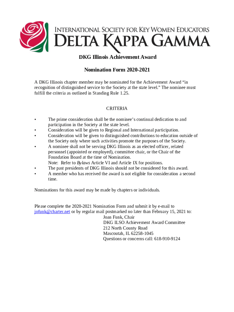 DKG Illinois Achievement Award Doc Template pdfFiller