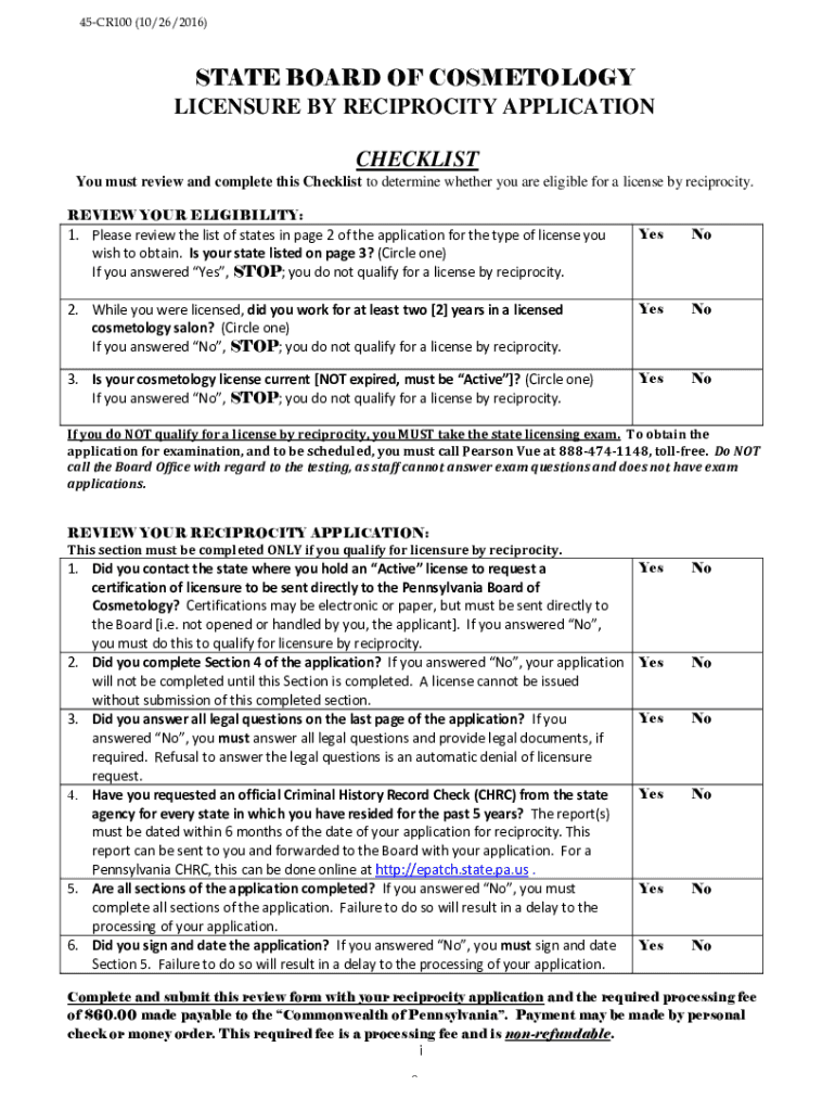 Pa Cosmetology License Reciprocity Form Fill and Sign Fill out