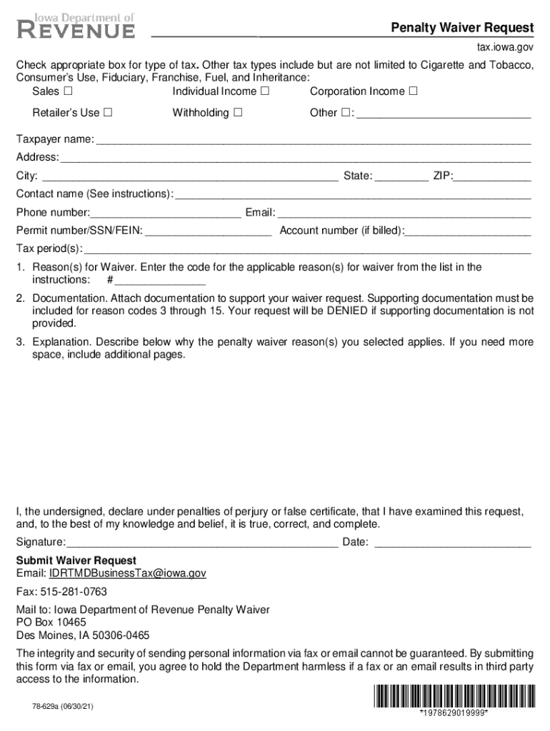 Penalty Waiver Request 78-629Iowa Department Of Revenue Preview on Page 1