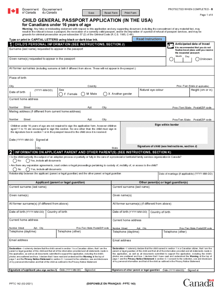 PPTC 142 E : Child General Passport Application (In The USA) For Canadians Under 16 Years Of Age Preview on Page 1