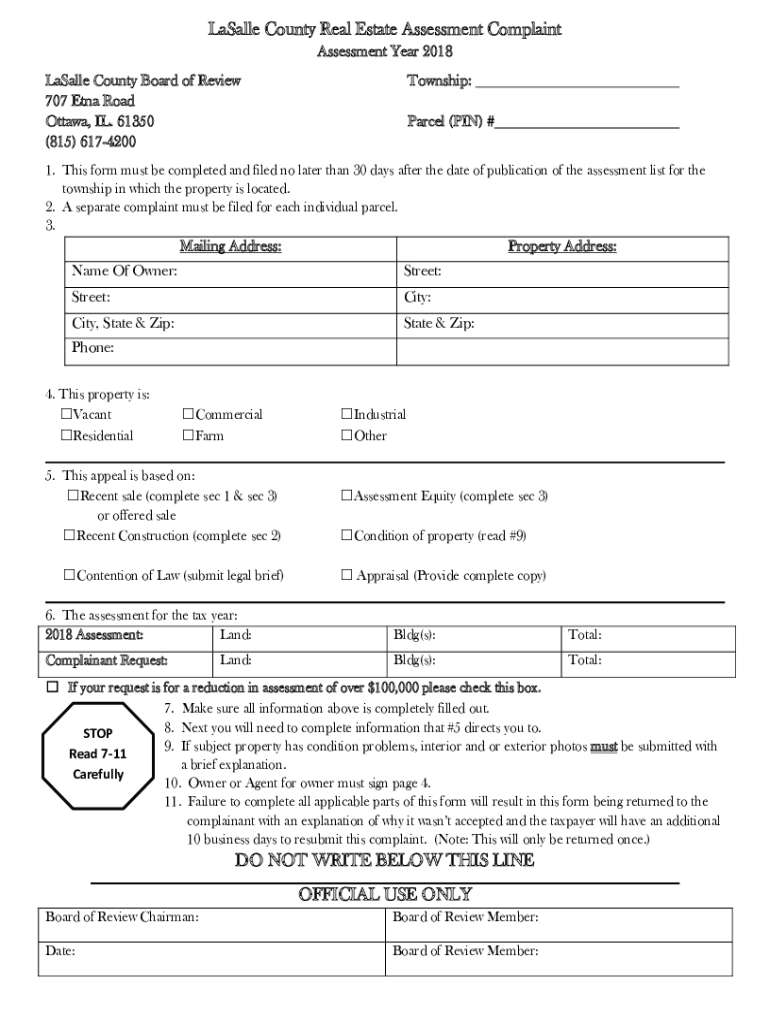 Fillable Online LaSalle County Real Estate Assessment Complaint