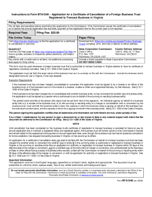 Instructions to Form BTA1246 Application for a Certificate of Cancellation of a Foreign Business Trust