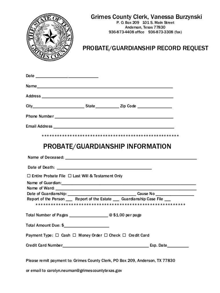 Fillable Online GRIMES COUNTY CLERK PROBATE REQUEST Fax Email Print