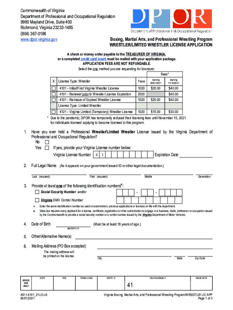 Fillable Online A511410121LIC Professional Wrestling/Limited